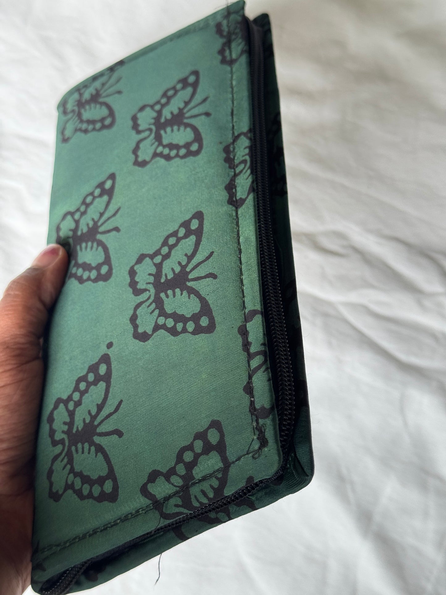 Green butterfly print modal hand block printed purse