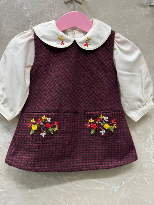 Black burgundy plaid checks hand embroidered frock with Peter Pan collared white inner shirt - for little girls