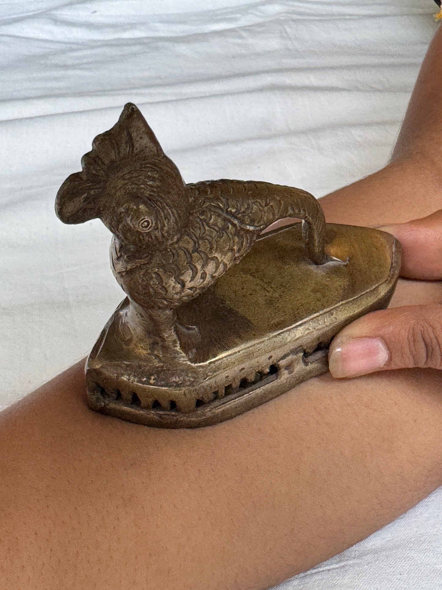 Vintage cock design brass scrubber with bell - handcrafted traditional piece used in olden times