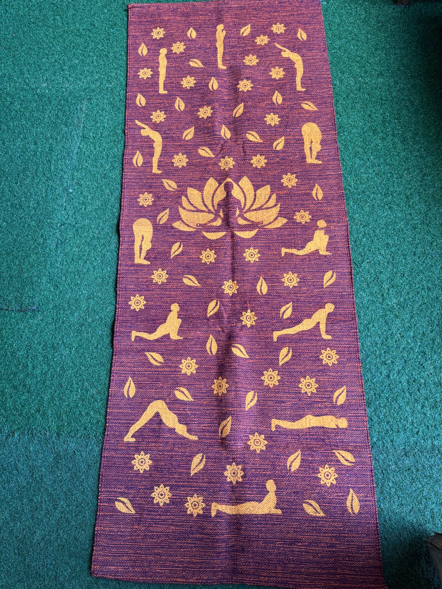 Recycled cotton handwoven yoga mat with rubber grip - Suryanamaskar print - click to see color options