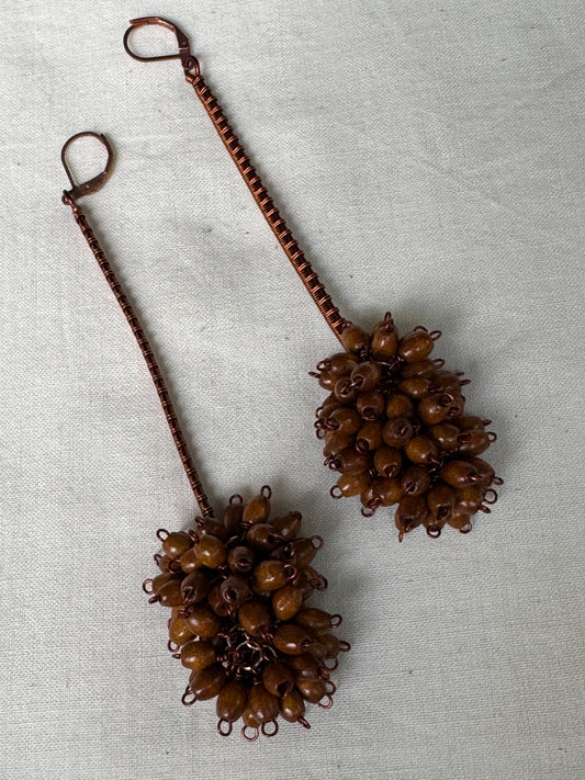 Wooden beads with copper ear rings - long and unique