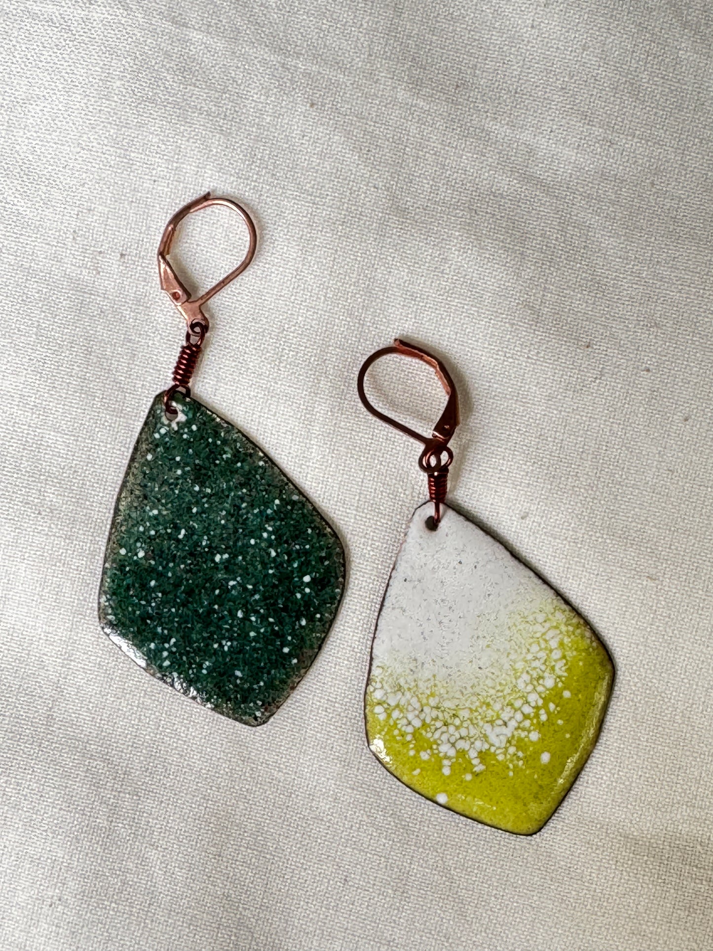 Green and yellow reversible enamel ear rings