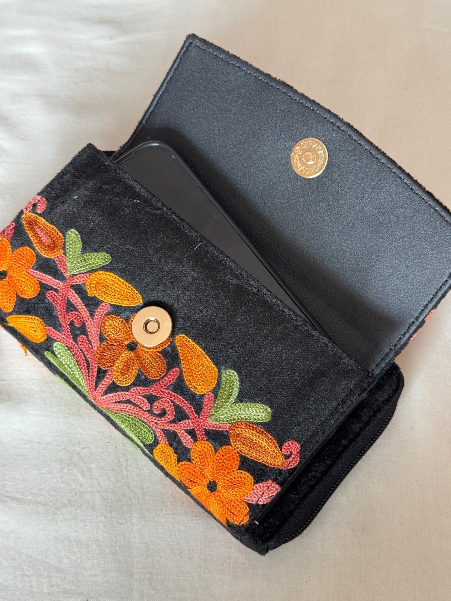 Clutch with attached flap pouch for phone - Kashmiri floral Aari embroidery - color options available