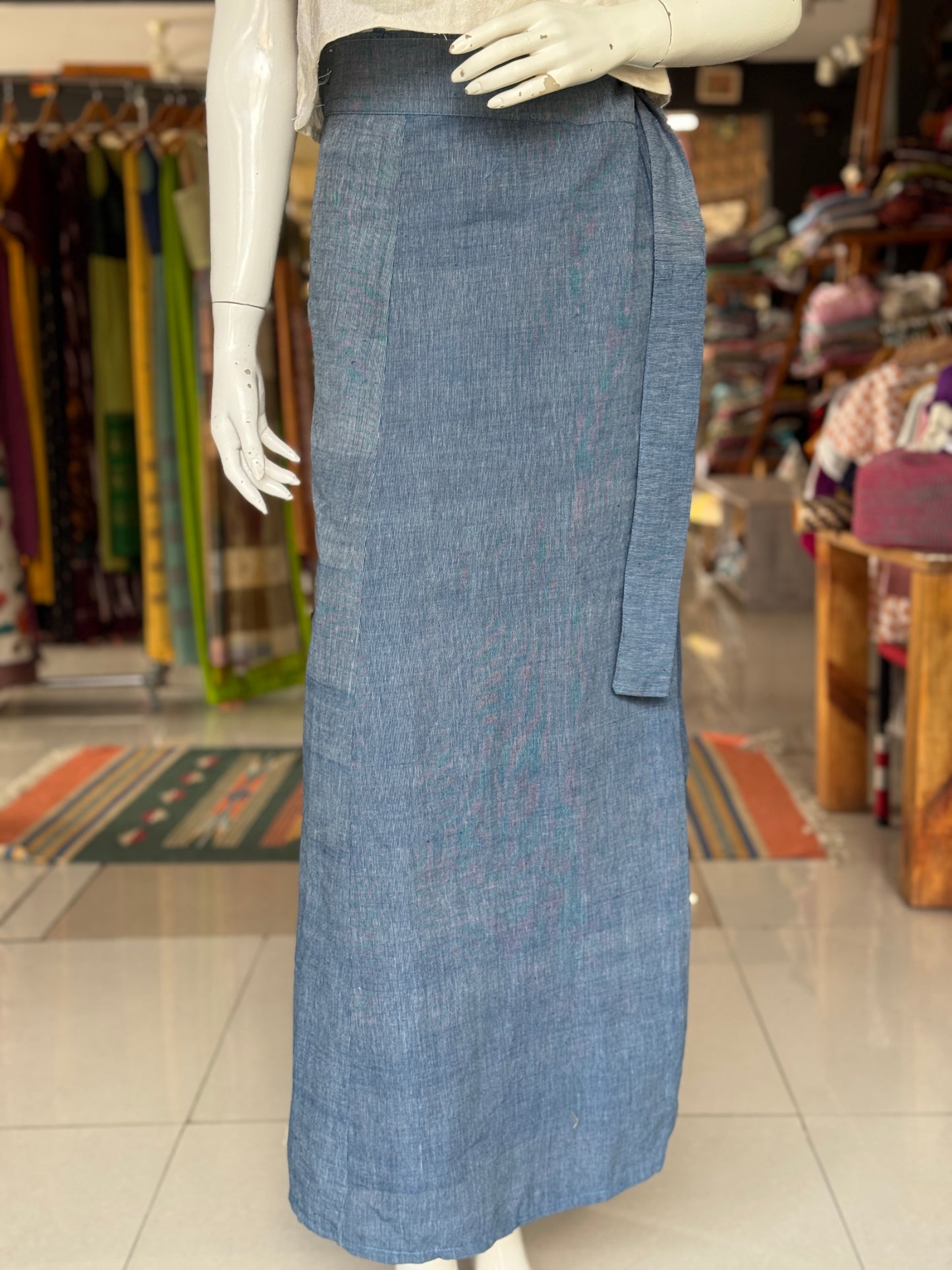 Indigo Blue hand woven, natural dyed cotton wrap around skirt - free size