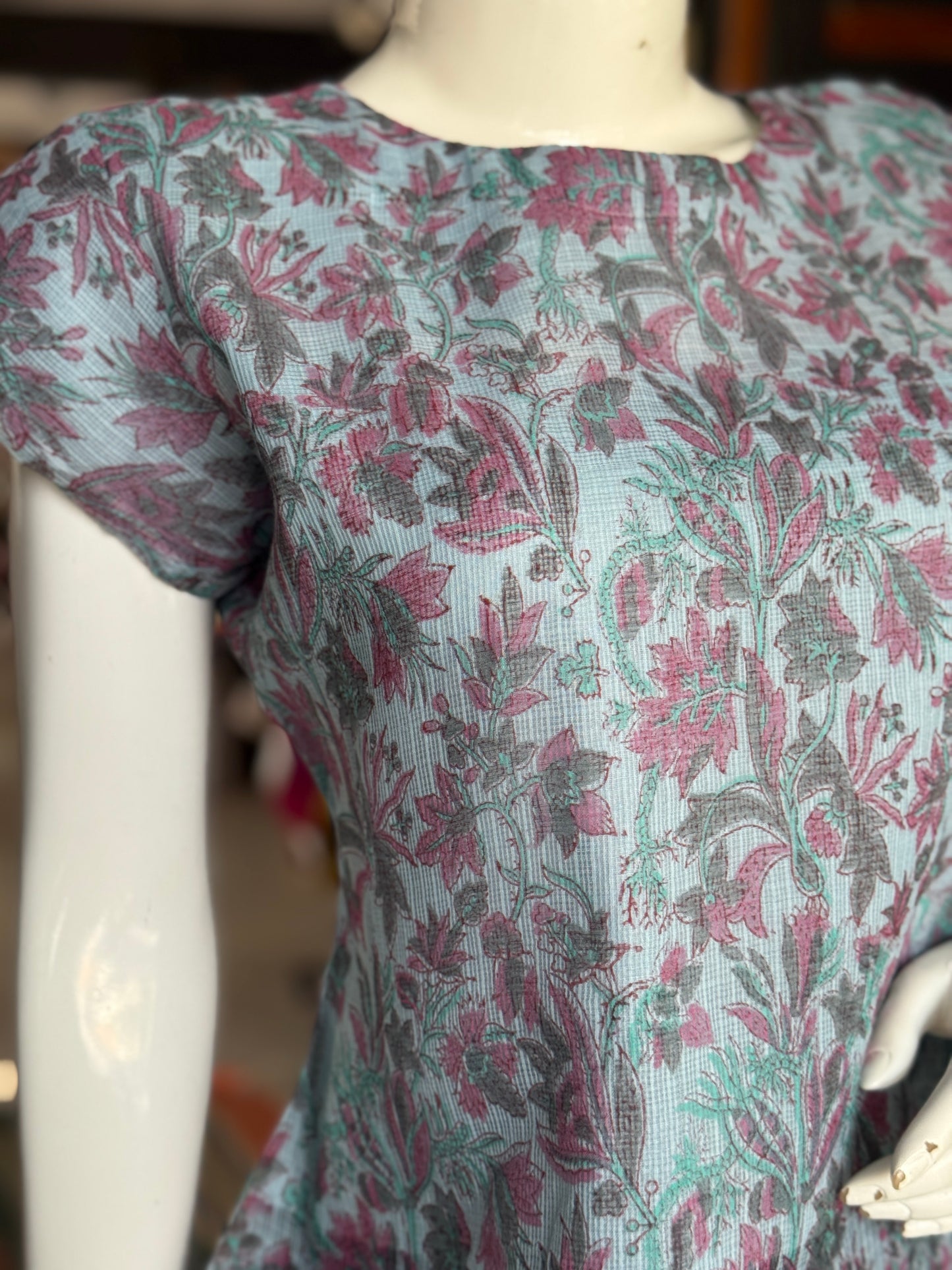 Pastel blue floral hand block printed light and soft kota doria cotton top