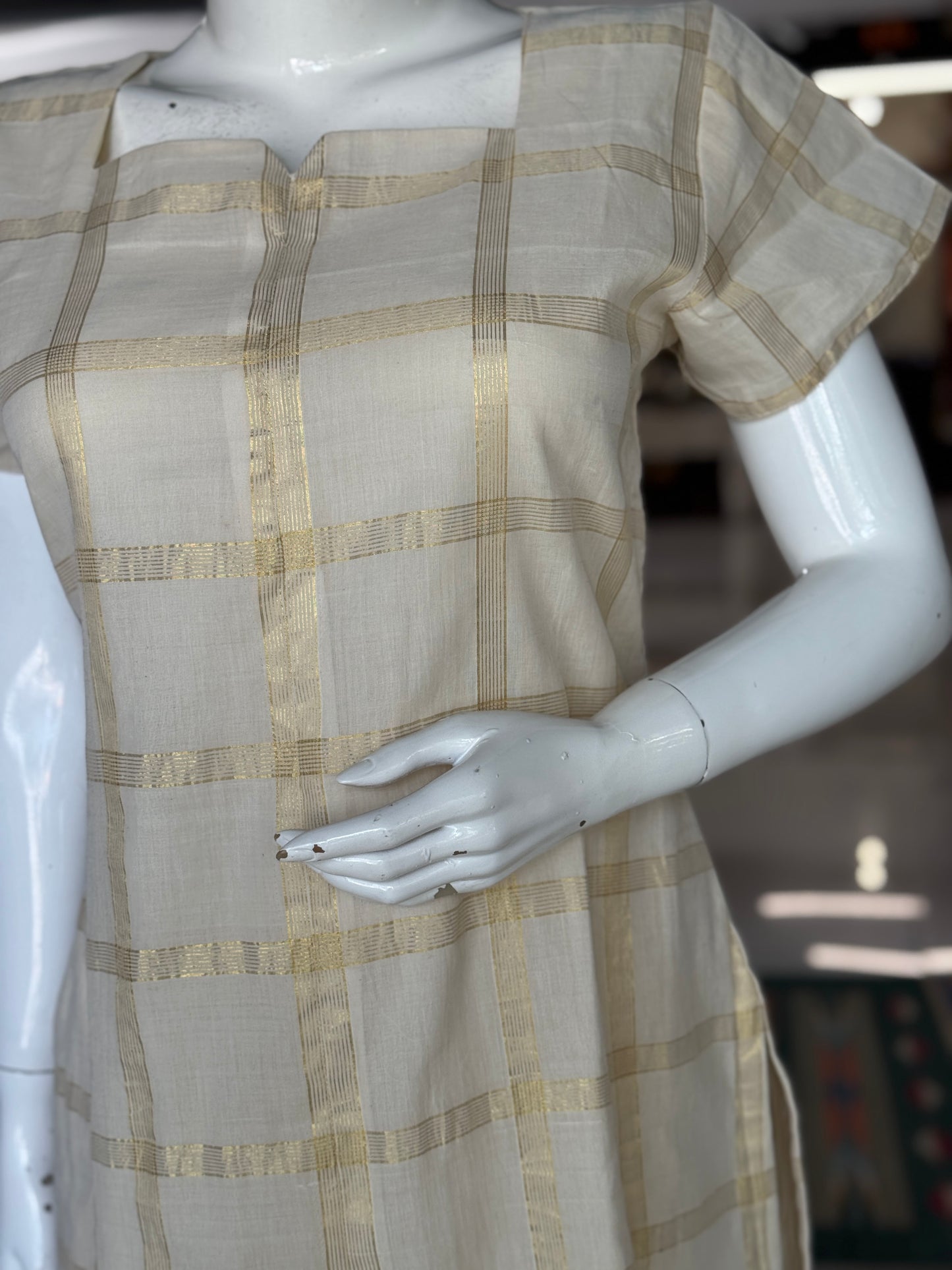 Square neck Off white cotton Venkatagiri handloom kurti with Golden Zari checks