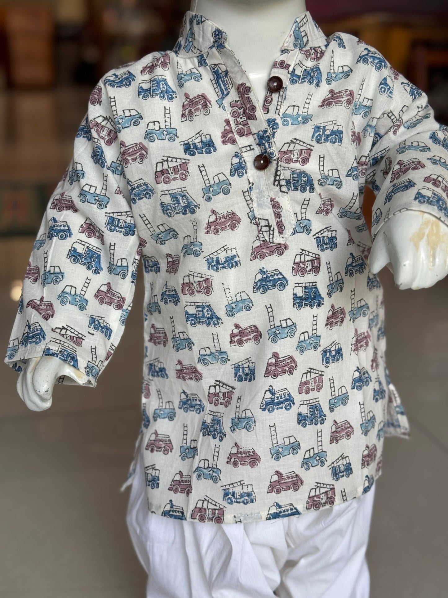 Vehicles theme white hand block printed long cotton kurta for boys