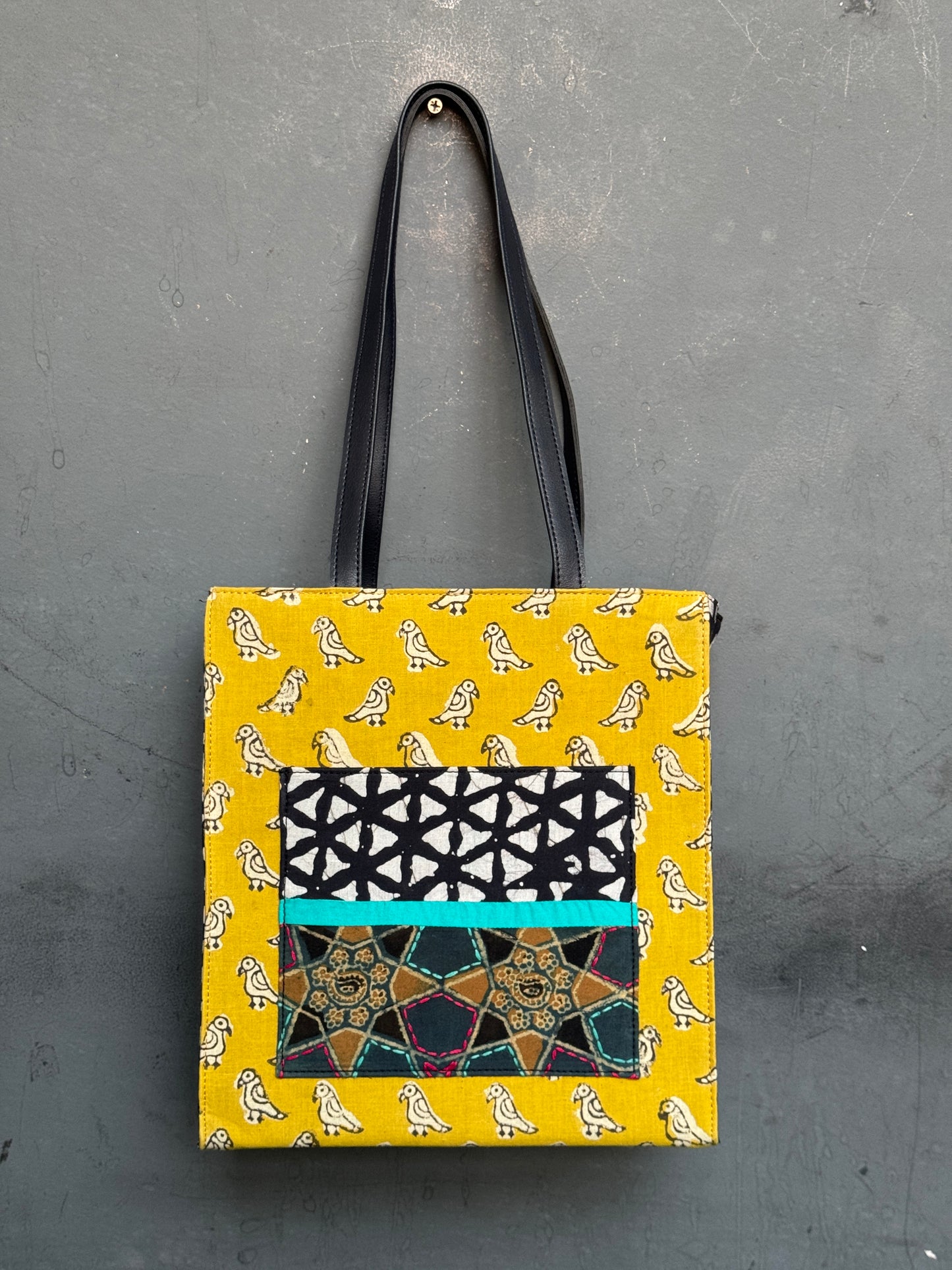 Wide base hand block printed, fabric tote bag with front patch pocket