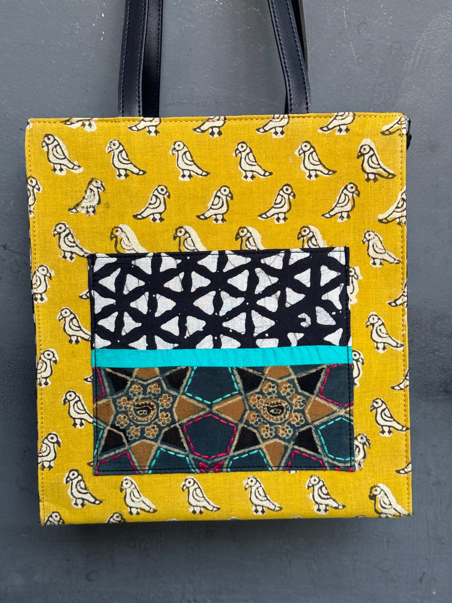 Wide base hand block printed, fabric tote bag with front patch pocket