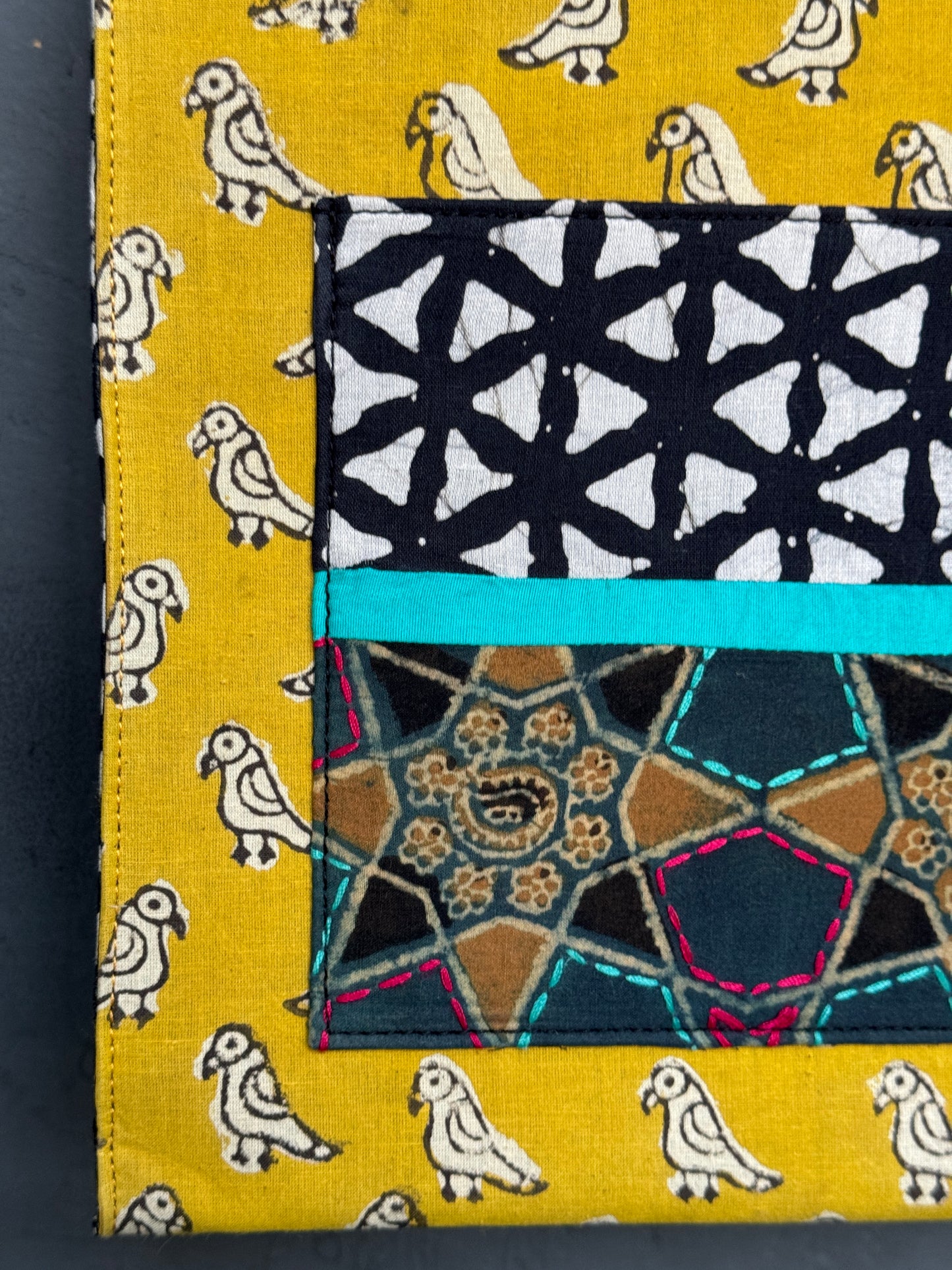 Wide base hand block printed, fabric tote bag with front patch pocket