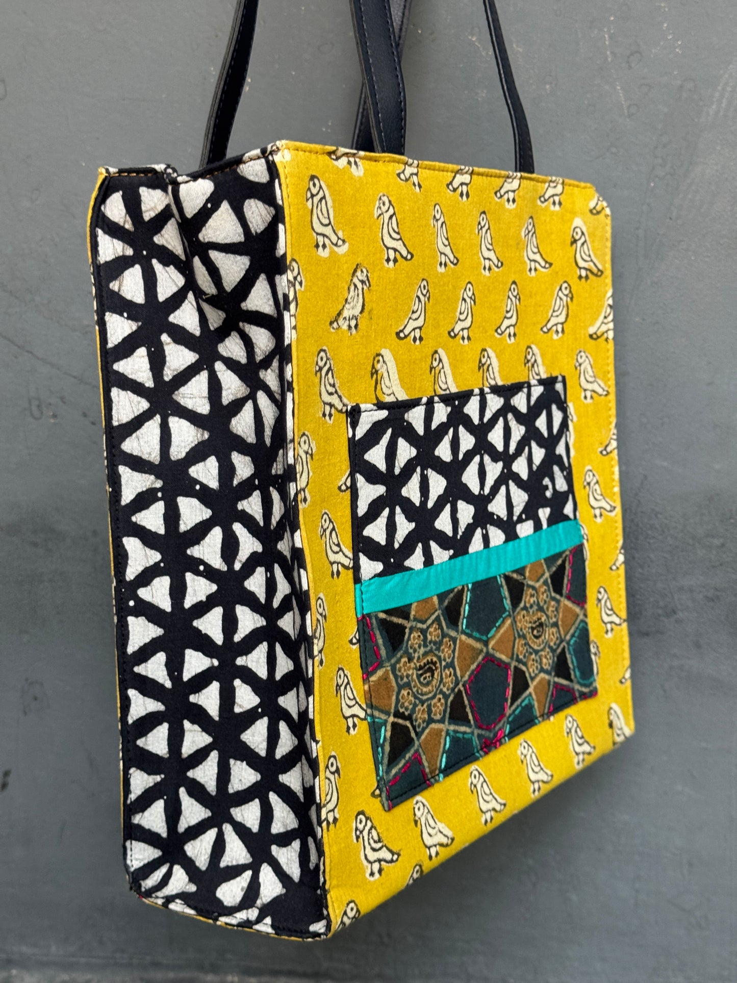 Wide base hand block printed, fabric tote bag with front patch pocket