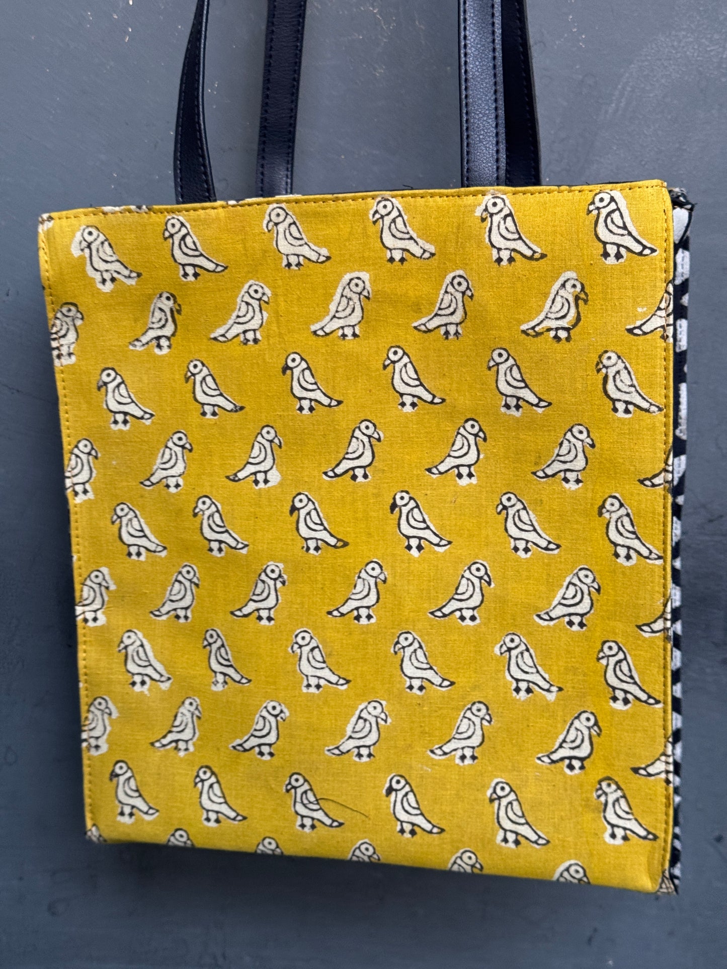 Wide base hand block printed, fabric tote bag with front patch pocket