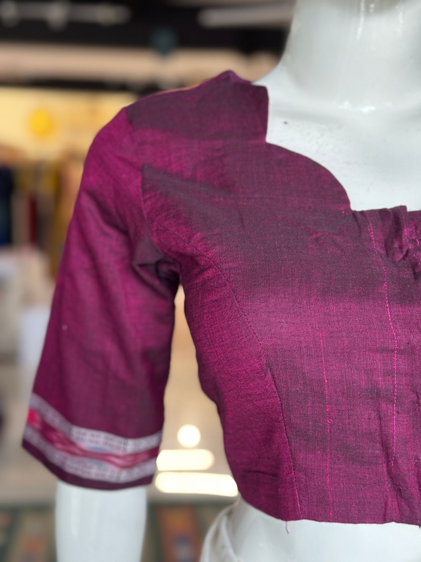 Handloom cotton elbow sleeves with borders blouse - Handpainted / Hand embroidered