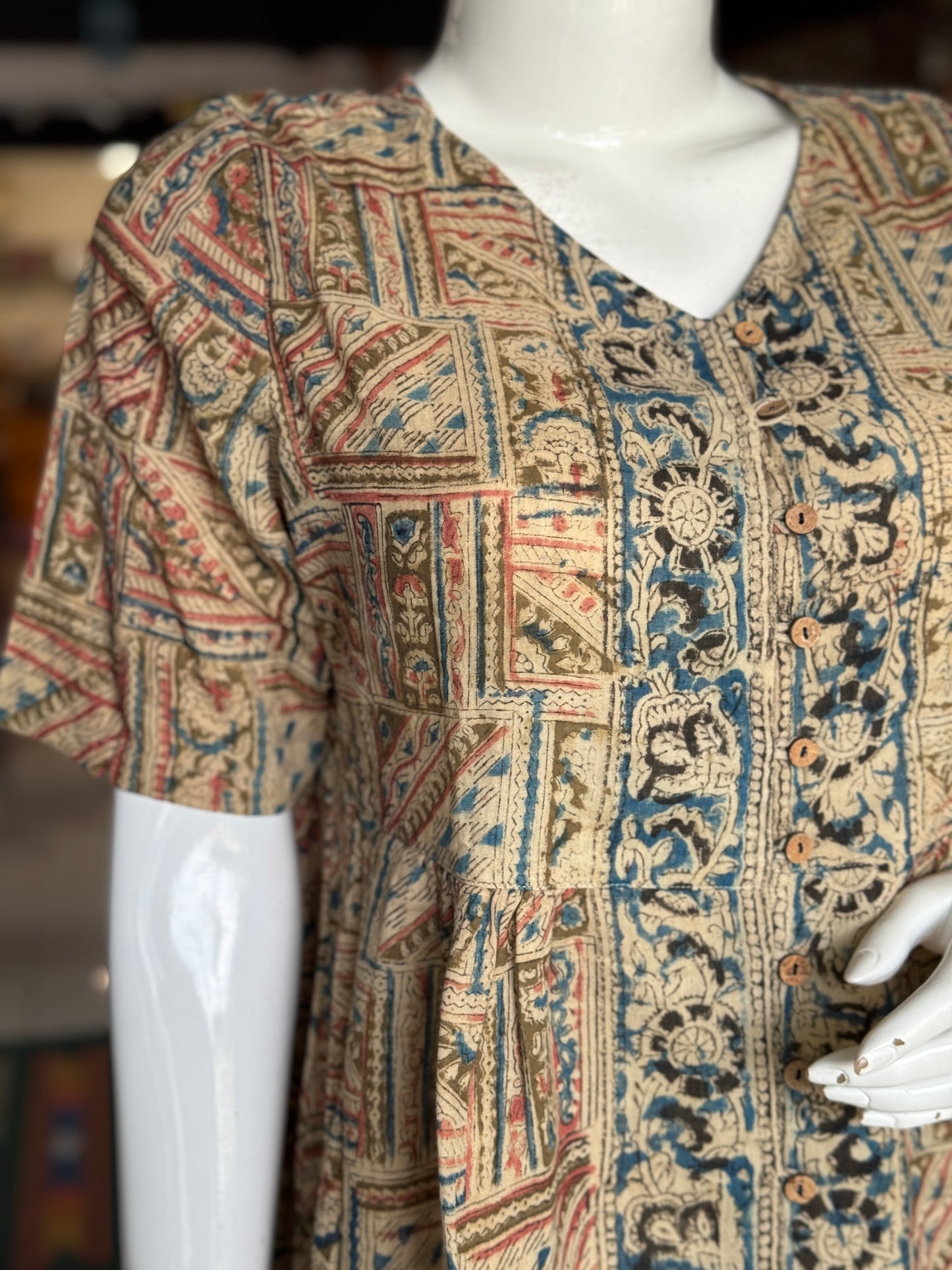 Kalamkari placement hand block printed cotton dress with borders