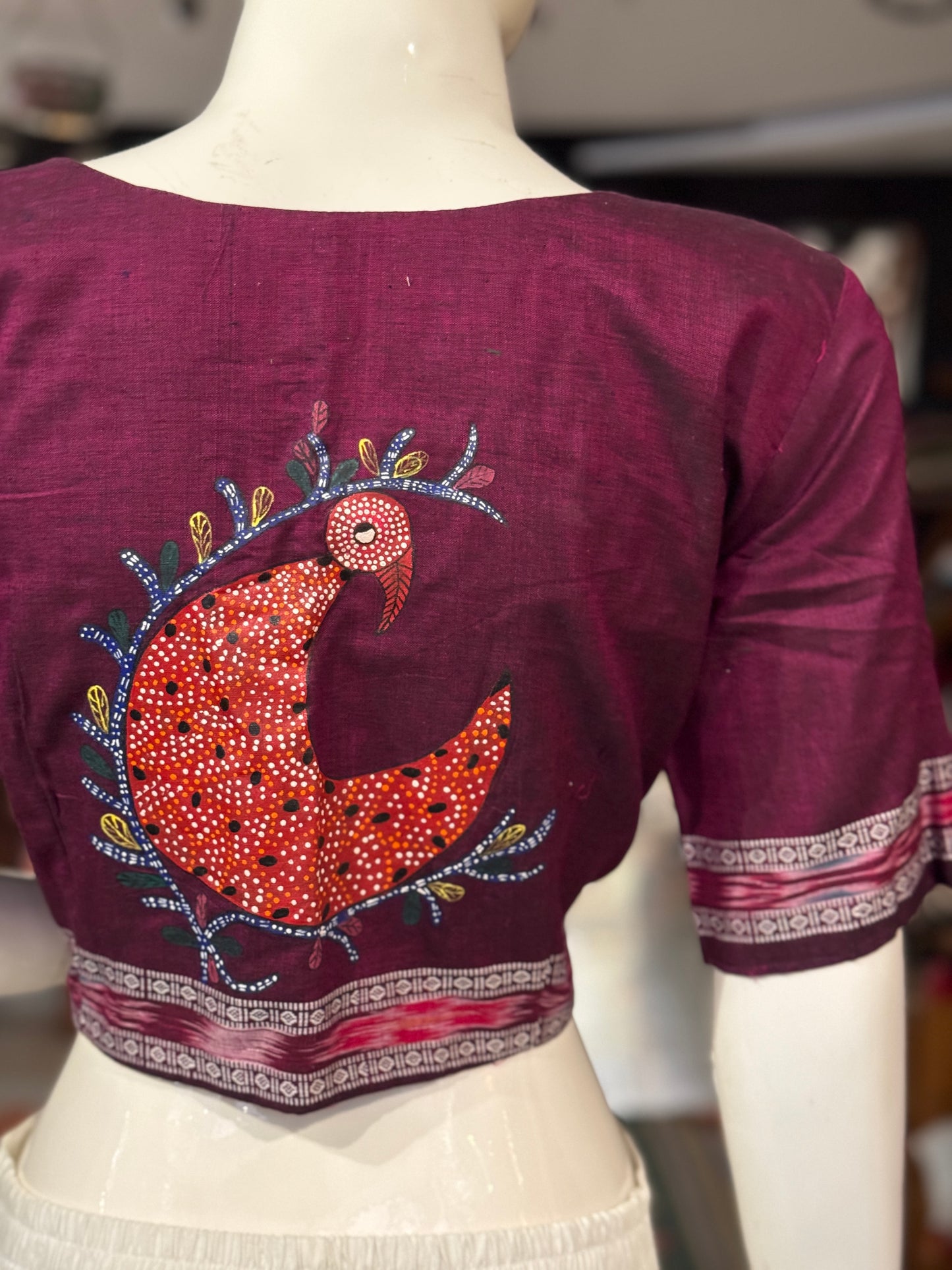 Handloom cotton elbow sleeves with borders blouse - Handpainted / Hand embroidered