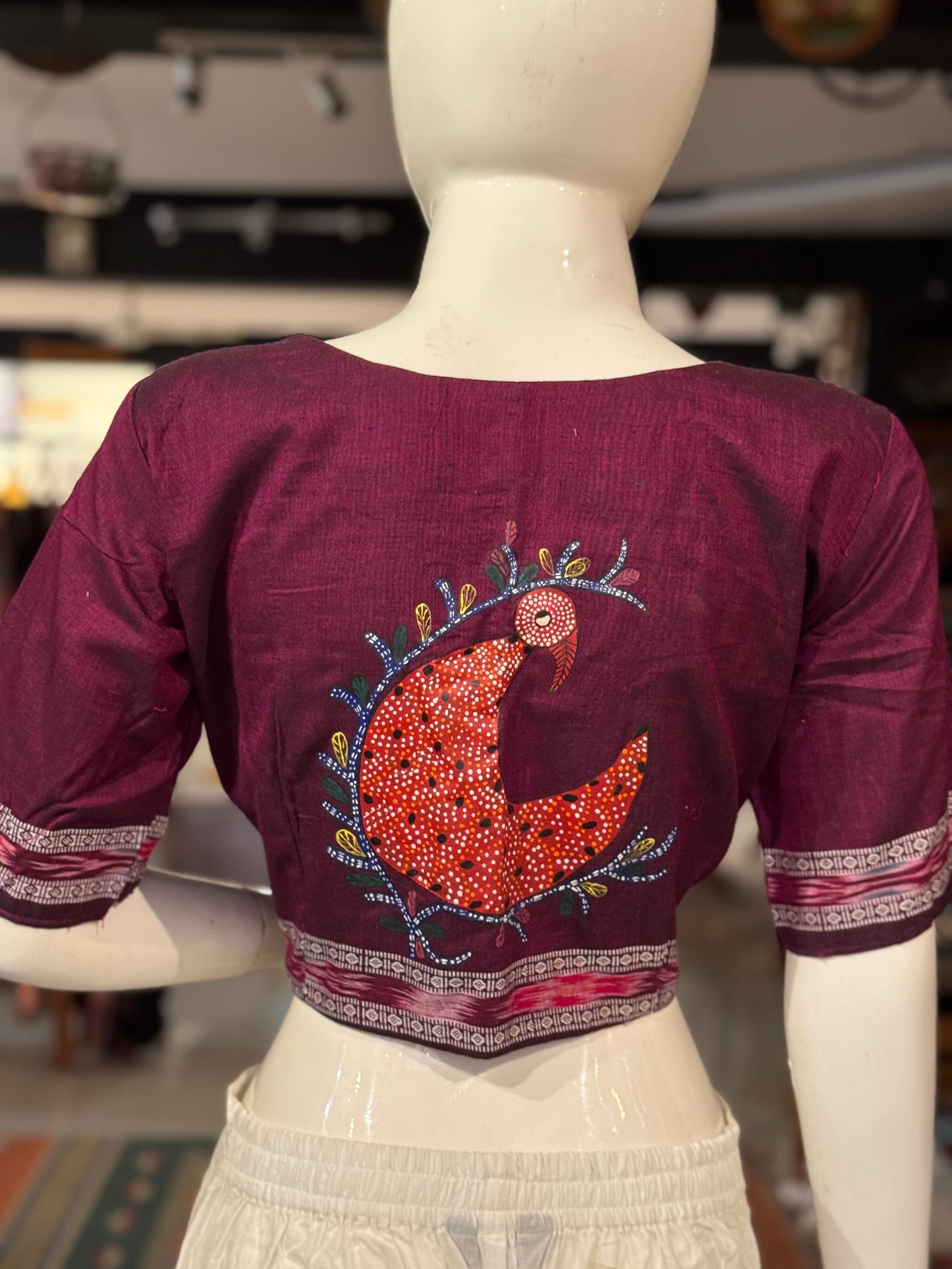 Handloom cotton elbow sleeves with borders blouse - Handpainted / Hand embroidered