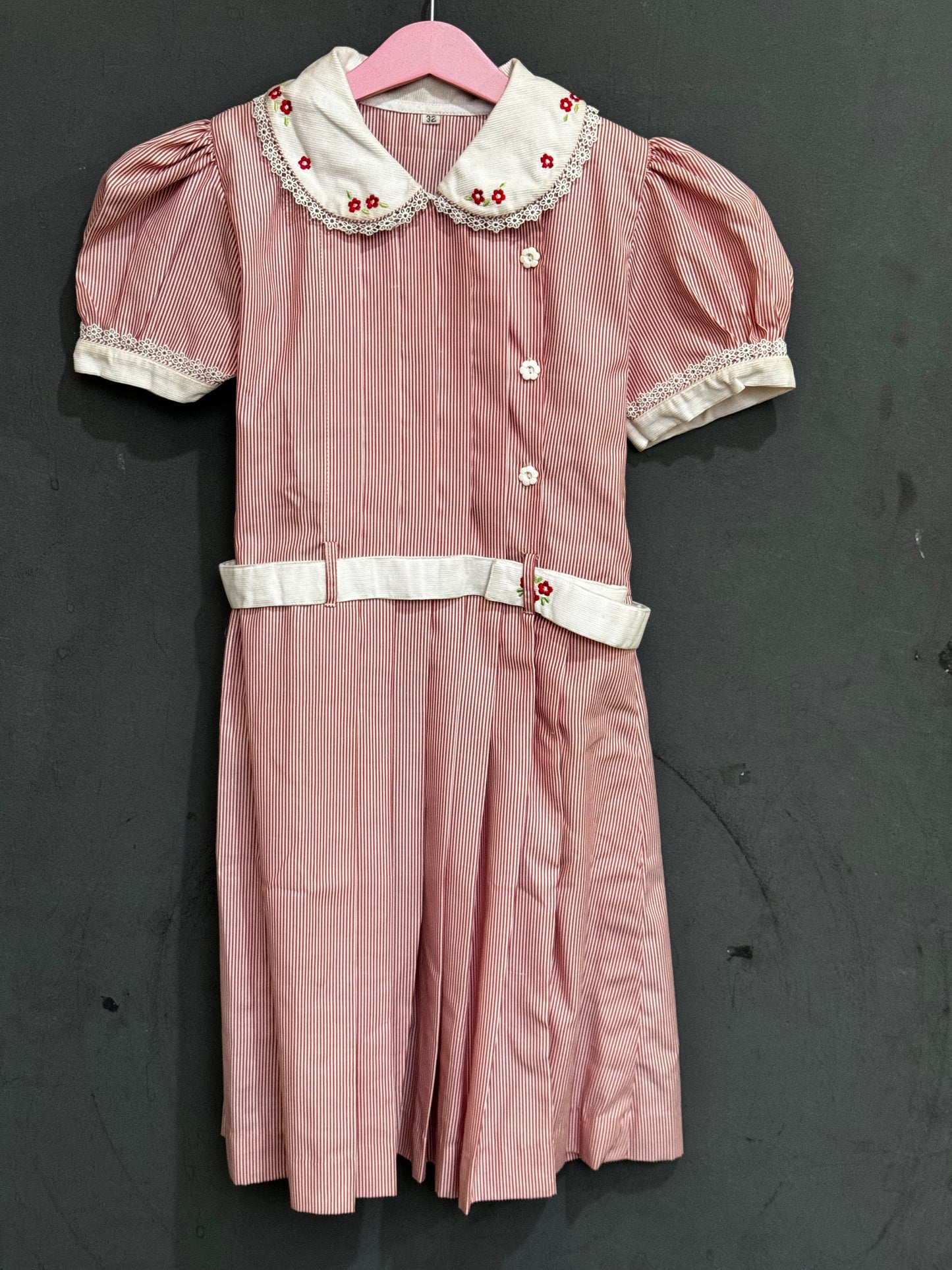 Red white stripes cotton embroidered frock with corduroy belt and collar