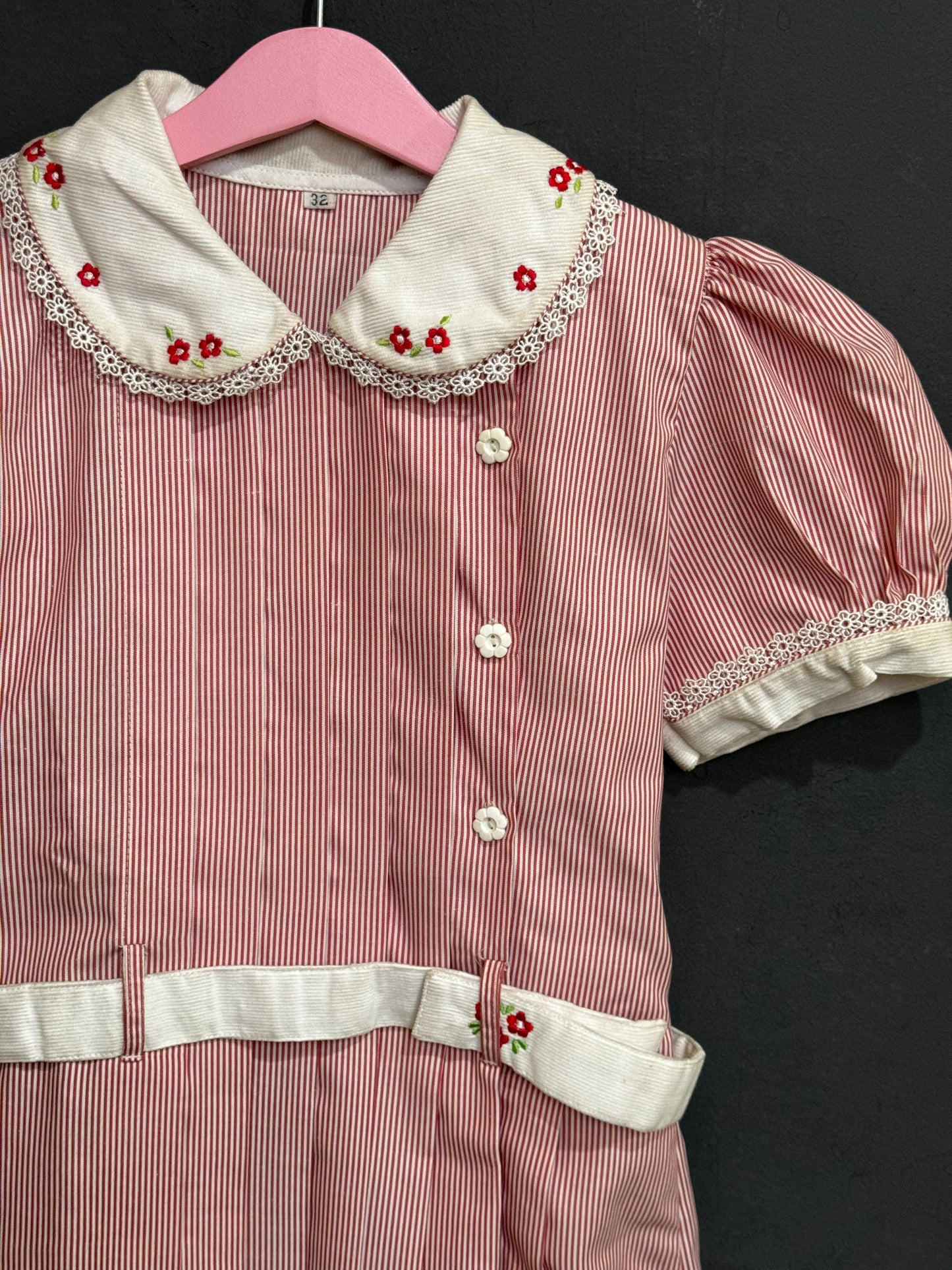 Red white stripes cotton embroidered frock with corduroy belt and collar