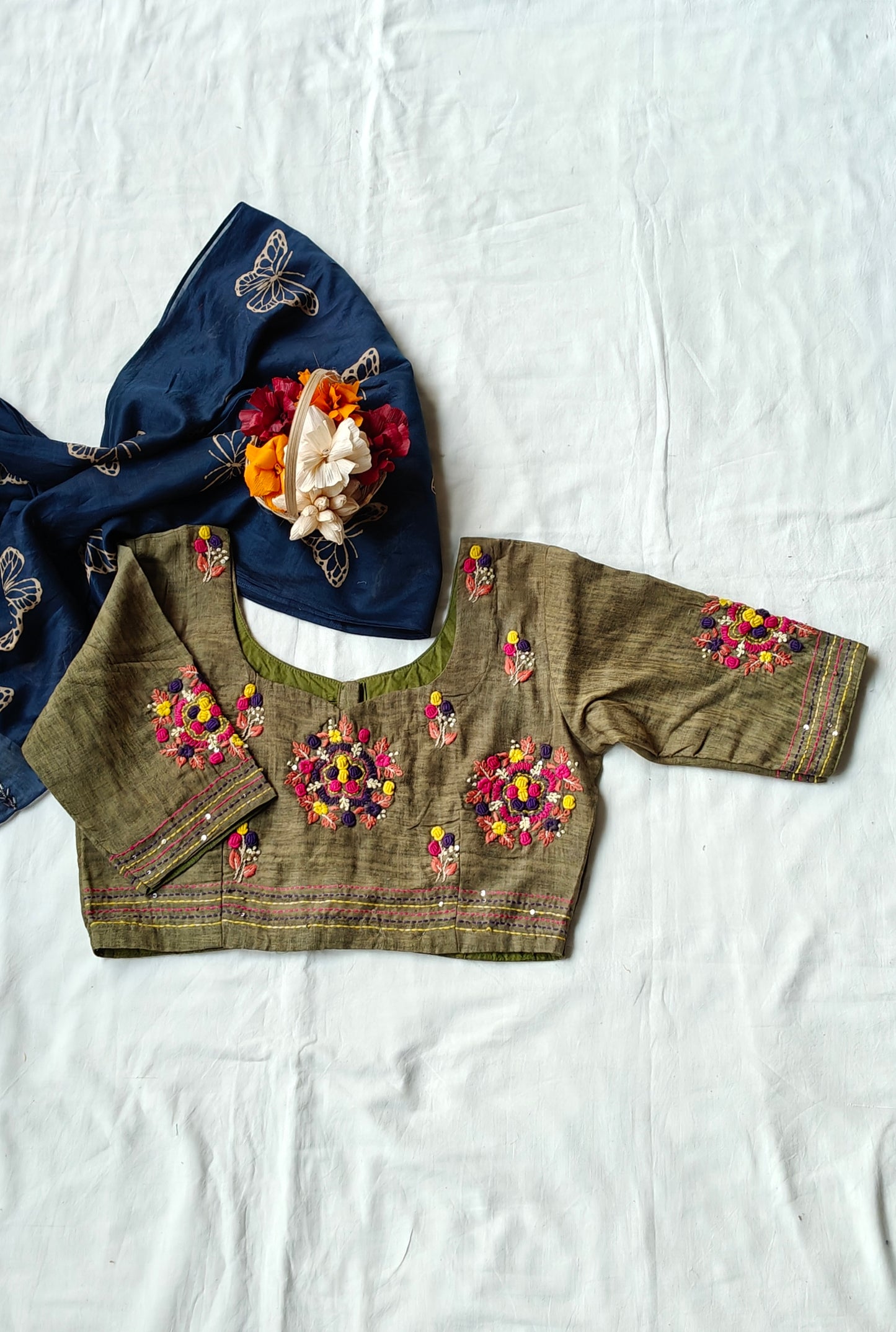 Green floral hand kantha embroidered silk blouse