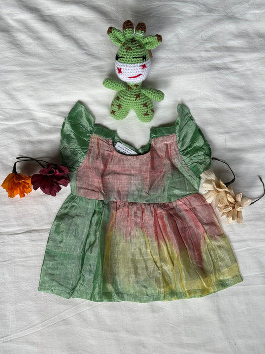 Colorful silk ikat hand woven frock for baby girl