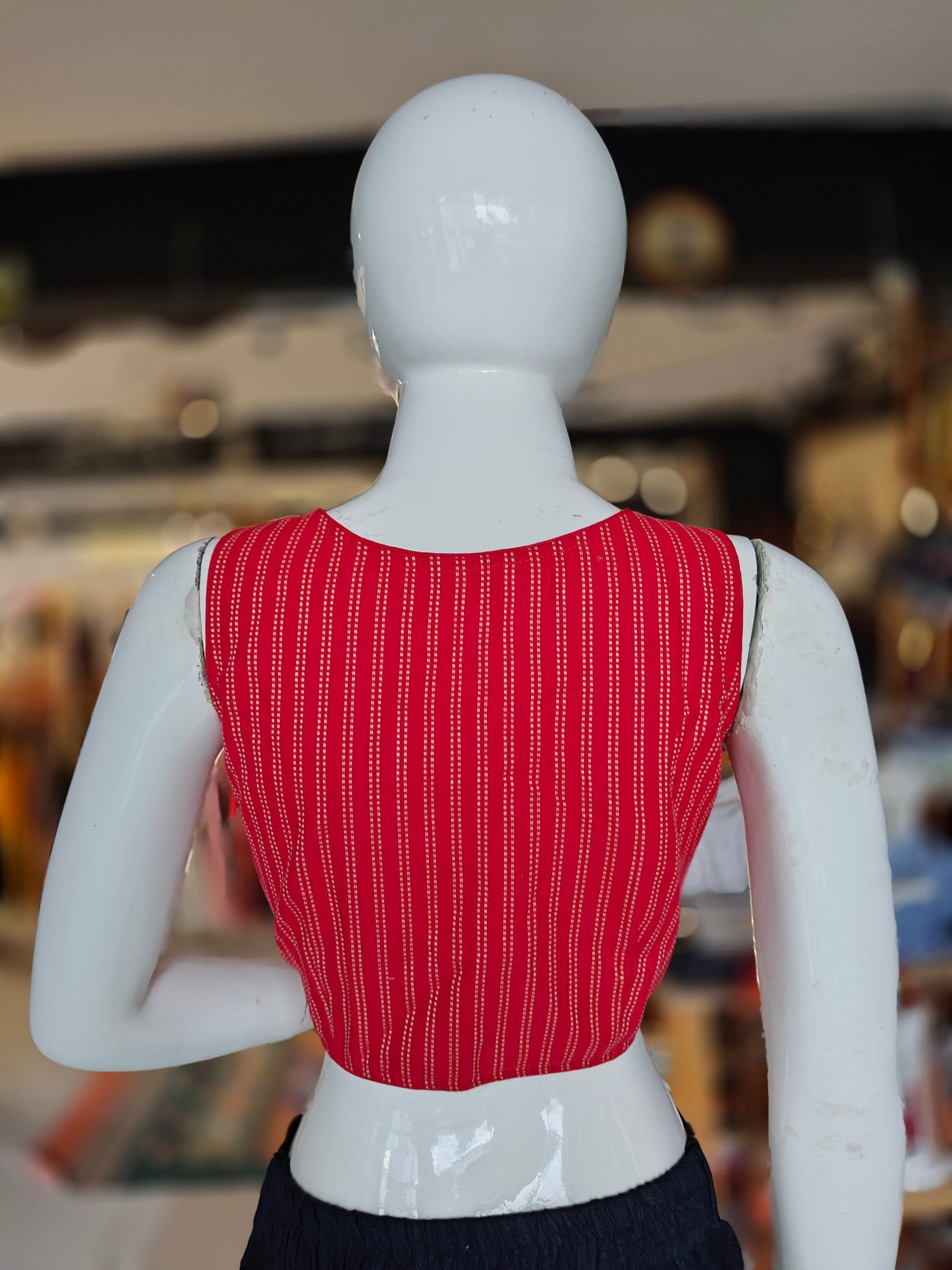 Red cotton stripes front open sleeveless handloom cotton blouse with pads