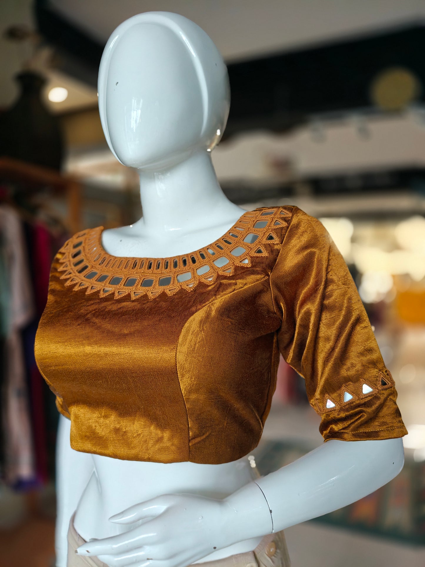 Golden brown mirror work hand embroidered Mashru blouse