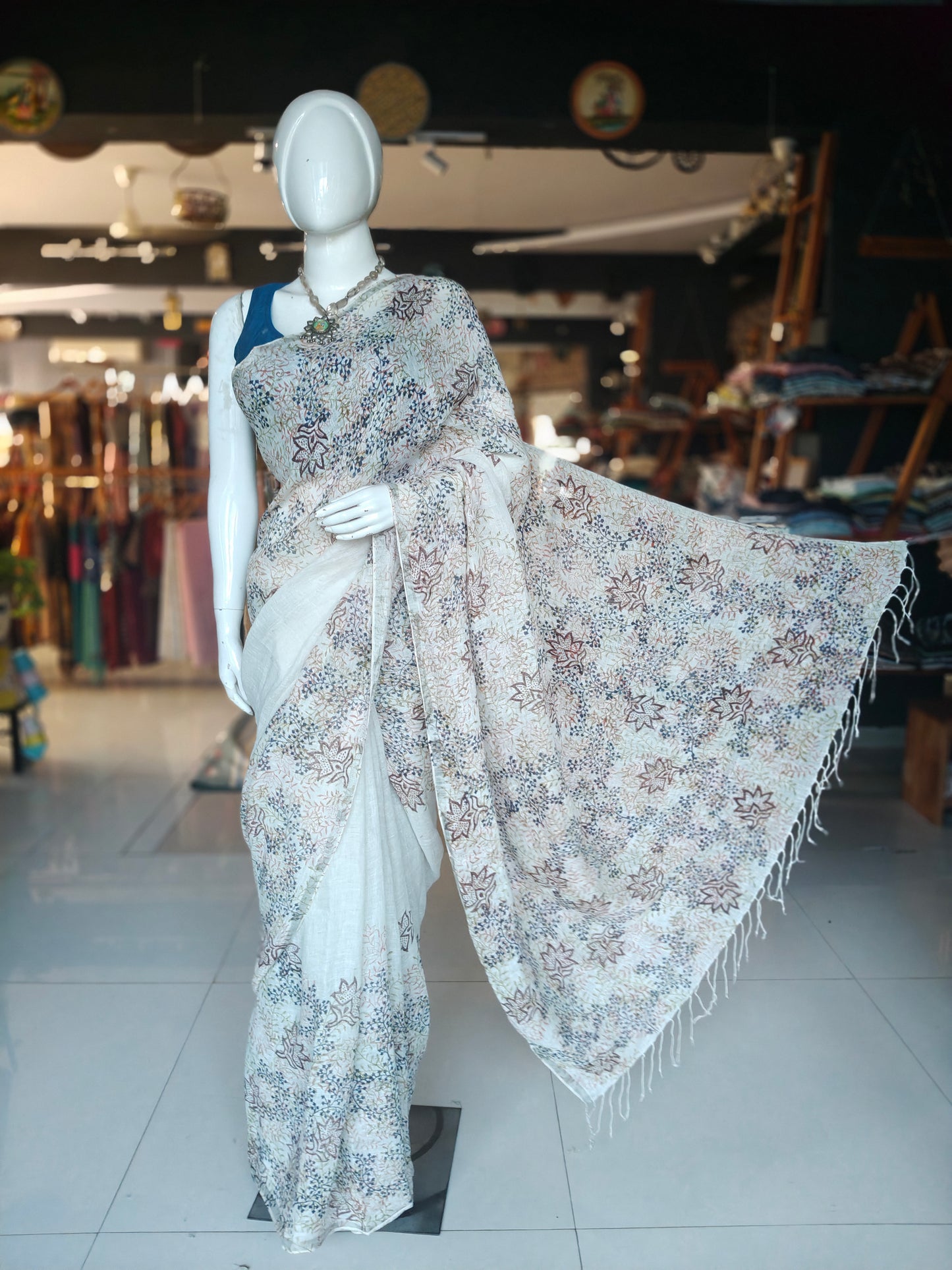 Cream flowers hand block printed linen saree