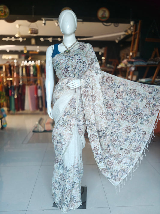 Cream flowers hand block printed linen saree