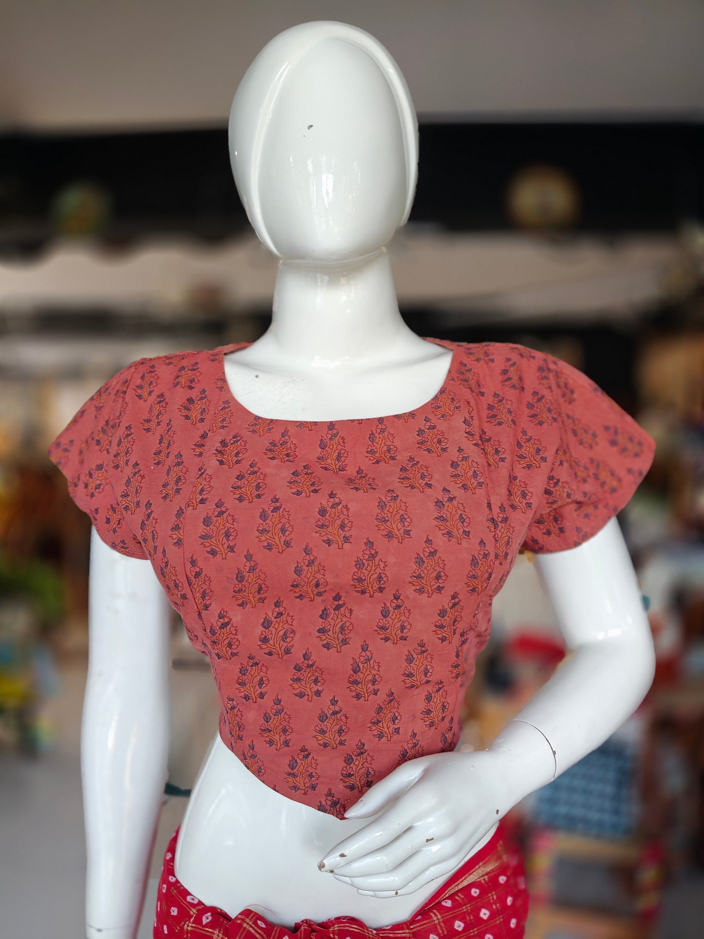 Ajrakh floral butis Handblock printed pink cotton back open designer blouse