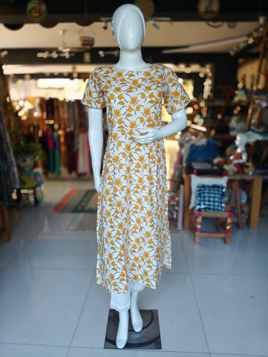 Mustard flowers and stripes print on Off white soft cotton handloom kurti