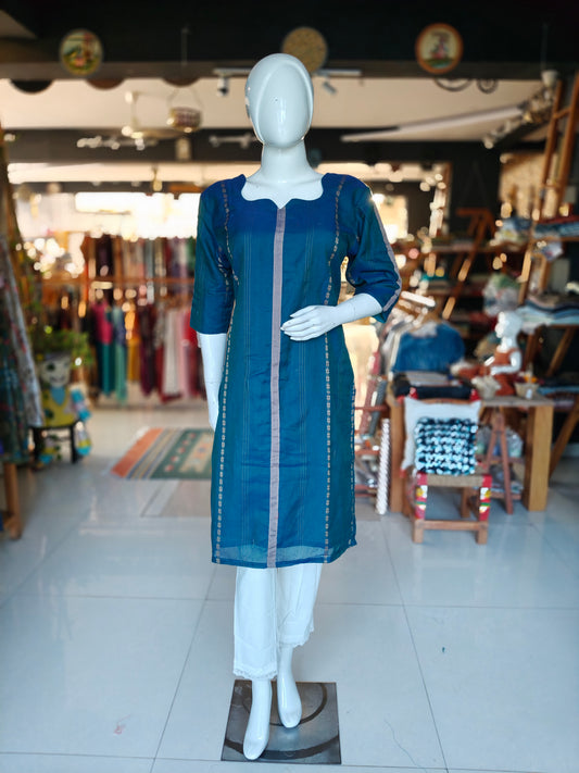 Teal blue stripes Handloom narayanpet cotton kurti - multiple designs