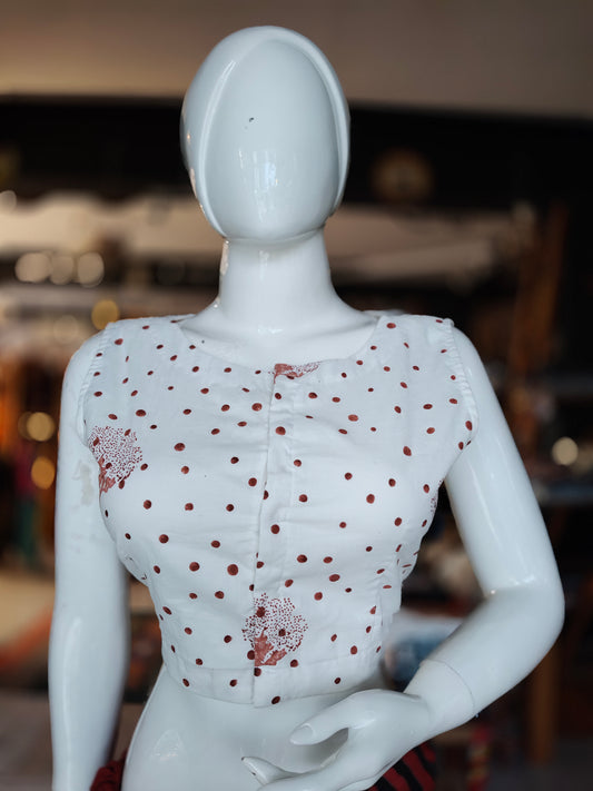 Off-white and brown polka dots hand block printed cotton sleeveless front open blouse
