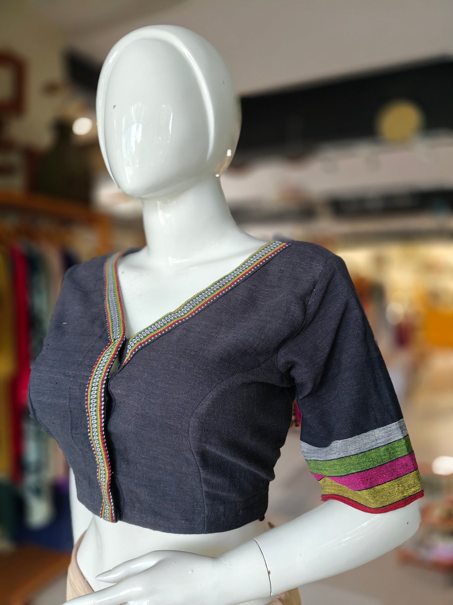 Black kala cotton organic handwoven elbow sleeves,V-neck blouse with colourful borders