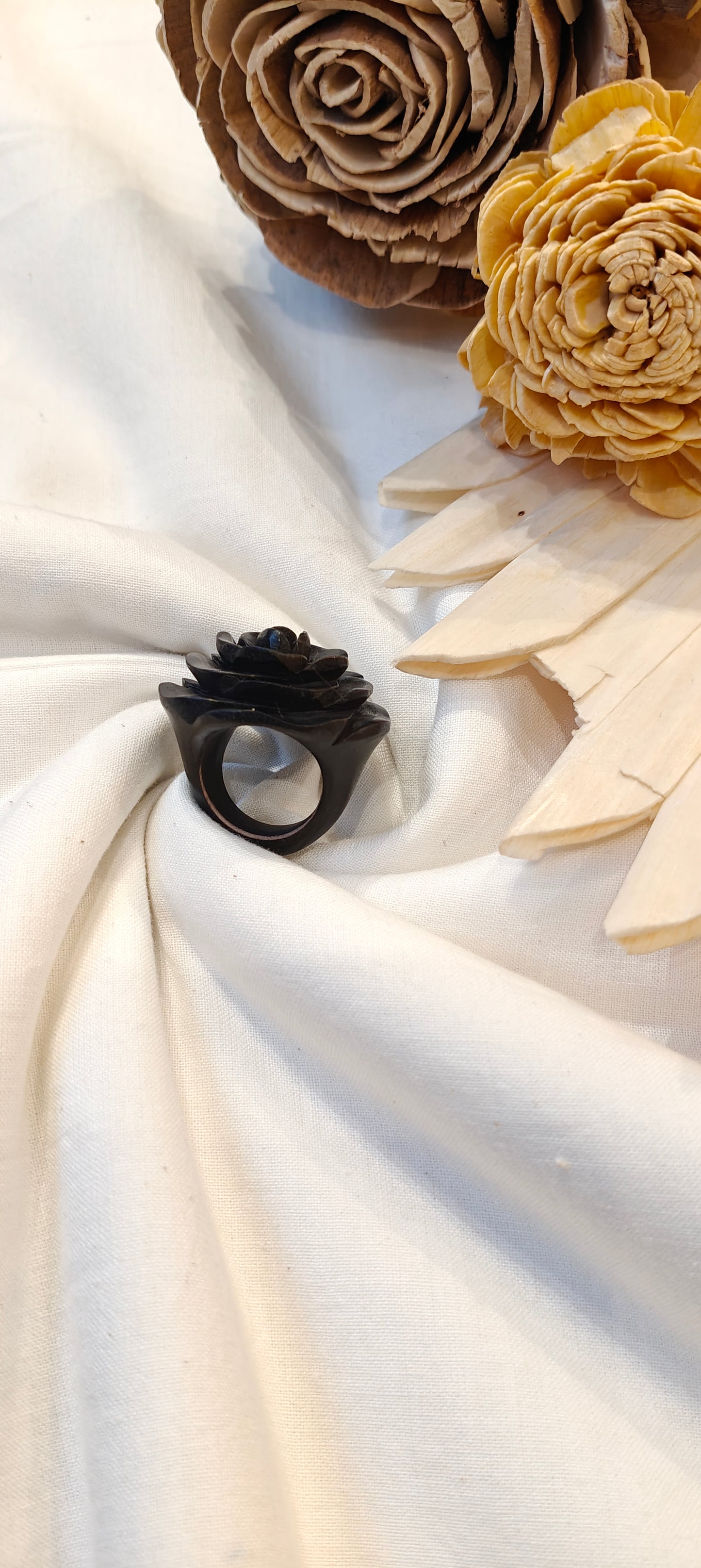 Ebony wood rose hand carved finger ring