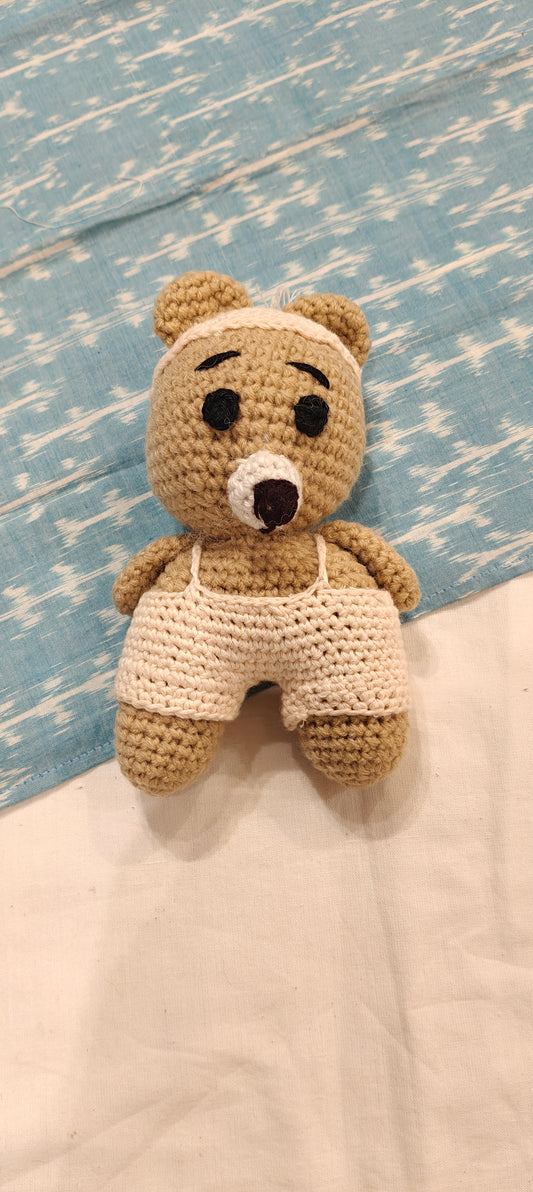 Cute baby bear and bear face rattle ( no sound) with wooden ring - handcrafted crochet pair