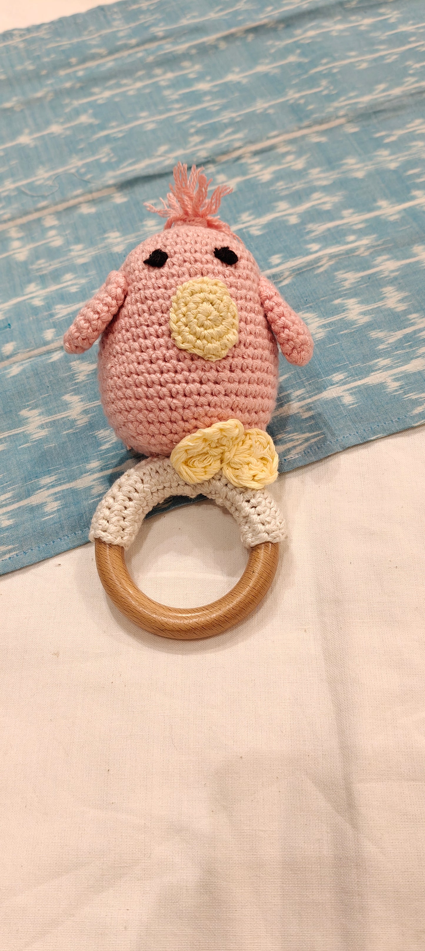 Cute pink bird face with a bow tie couple rattle (no sound) with wooden ring - set of two