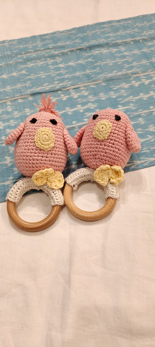 Cute pink bird face with a bow tie couple rattle (no sound) with wooden ring - set of two