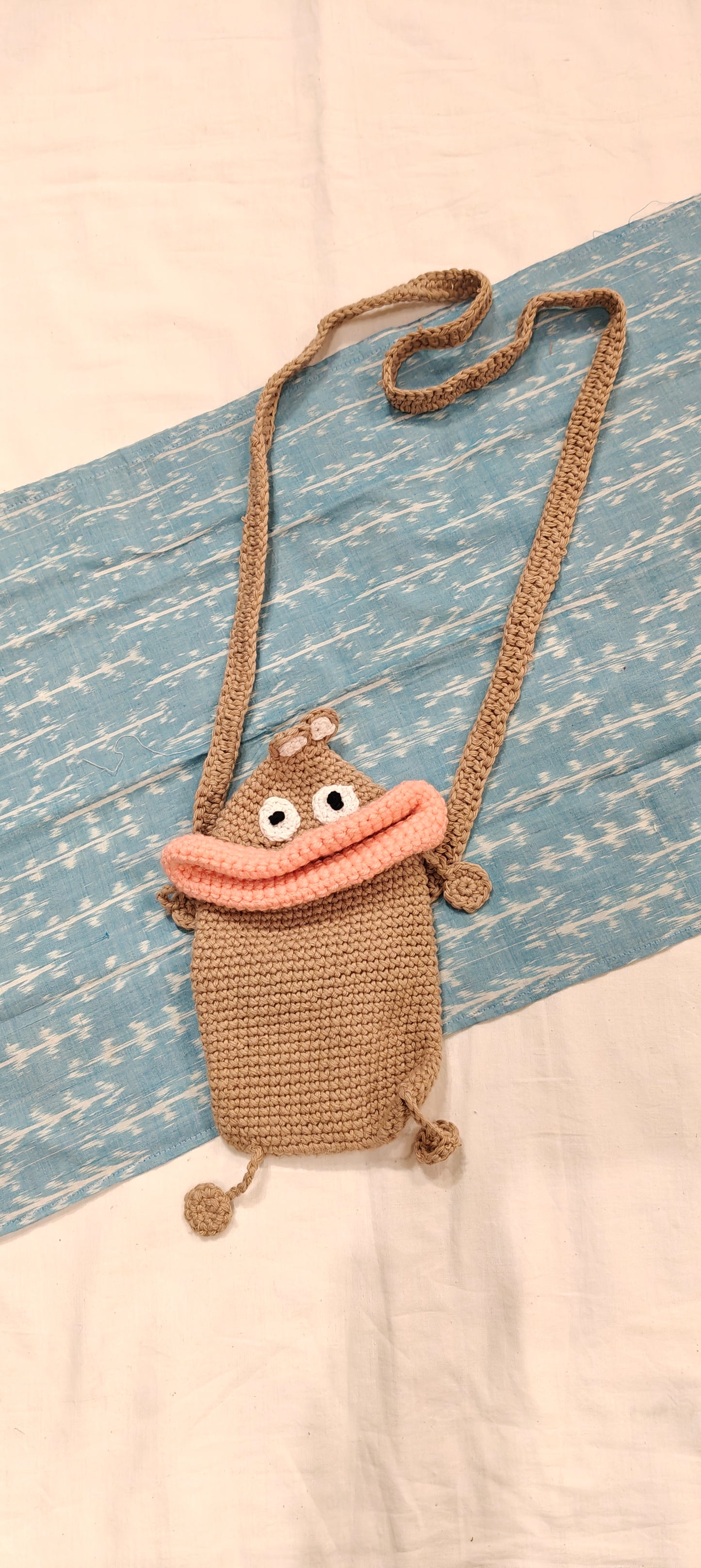 Brown Crochet Mobile phone sling bag with a frog mouth opening - handcrafted crochet