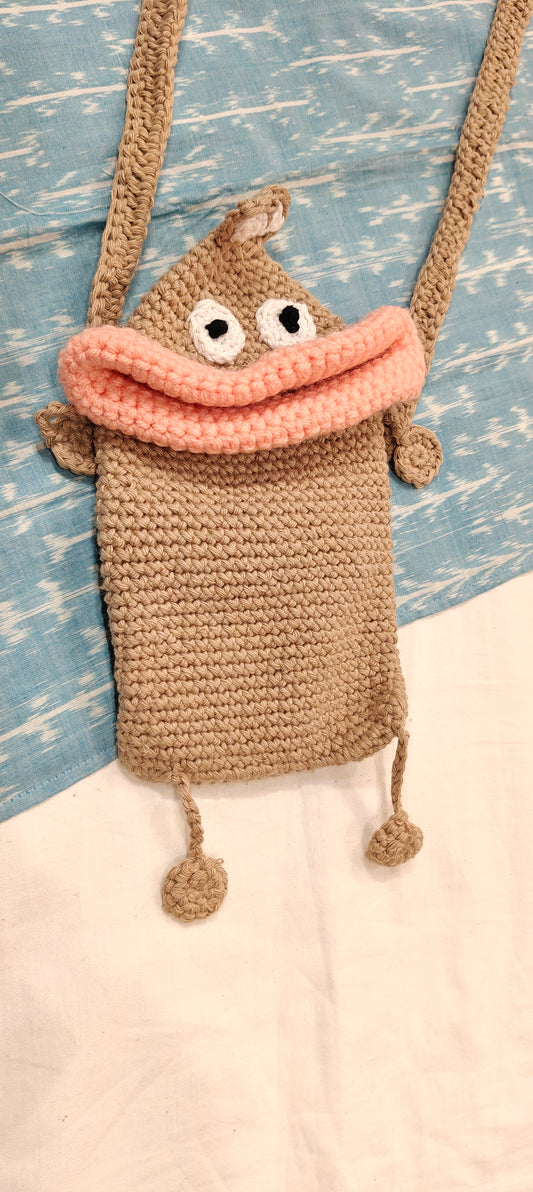 Brown Crochet Mobile phone sling bag with a frog mouth opening - handcrafted crochet