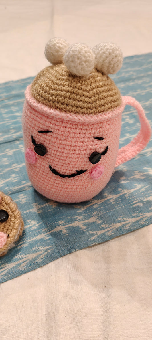 Cute Pink hot chocolate cup with marshmallows topping and cute faced  cookies by the side  - handcrafted crochet