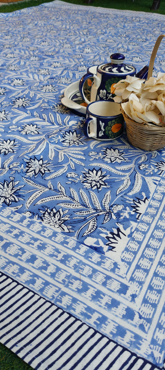 Floral hand block printed cotton 8 seater table cover with borders