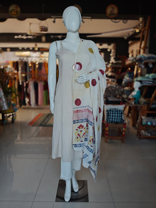 Off white with circle prints and floral design with borders - handblock printed cotton dupatta