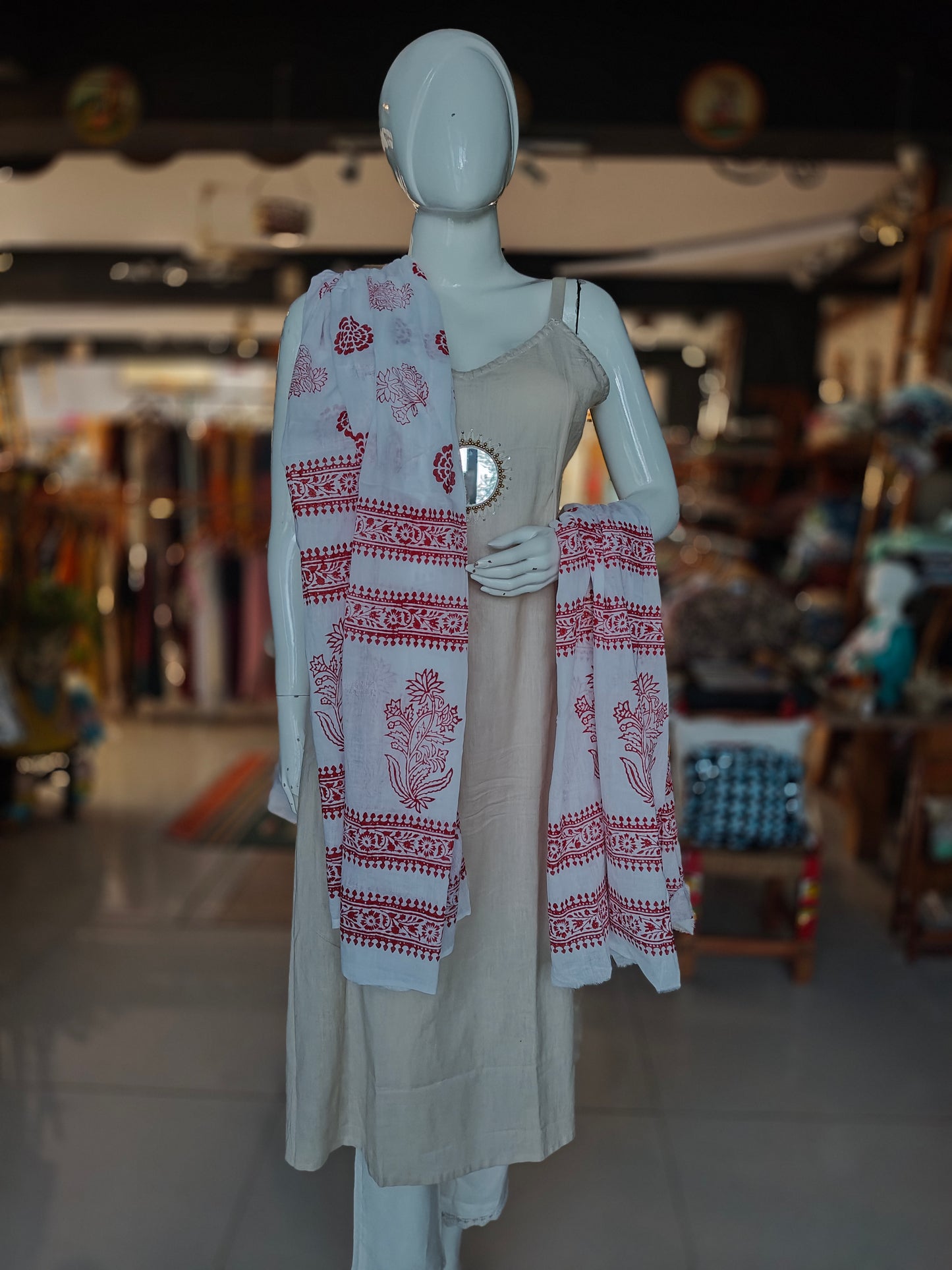 Hand block printed white cotton dupatta