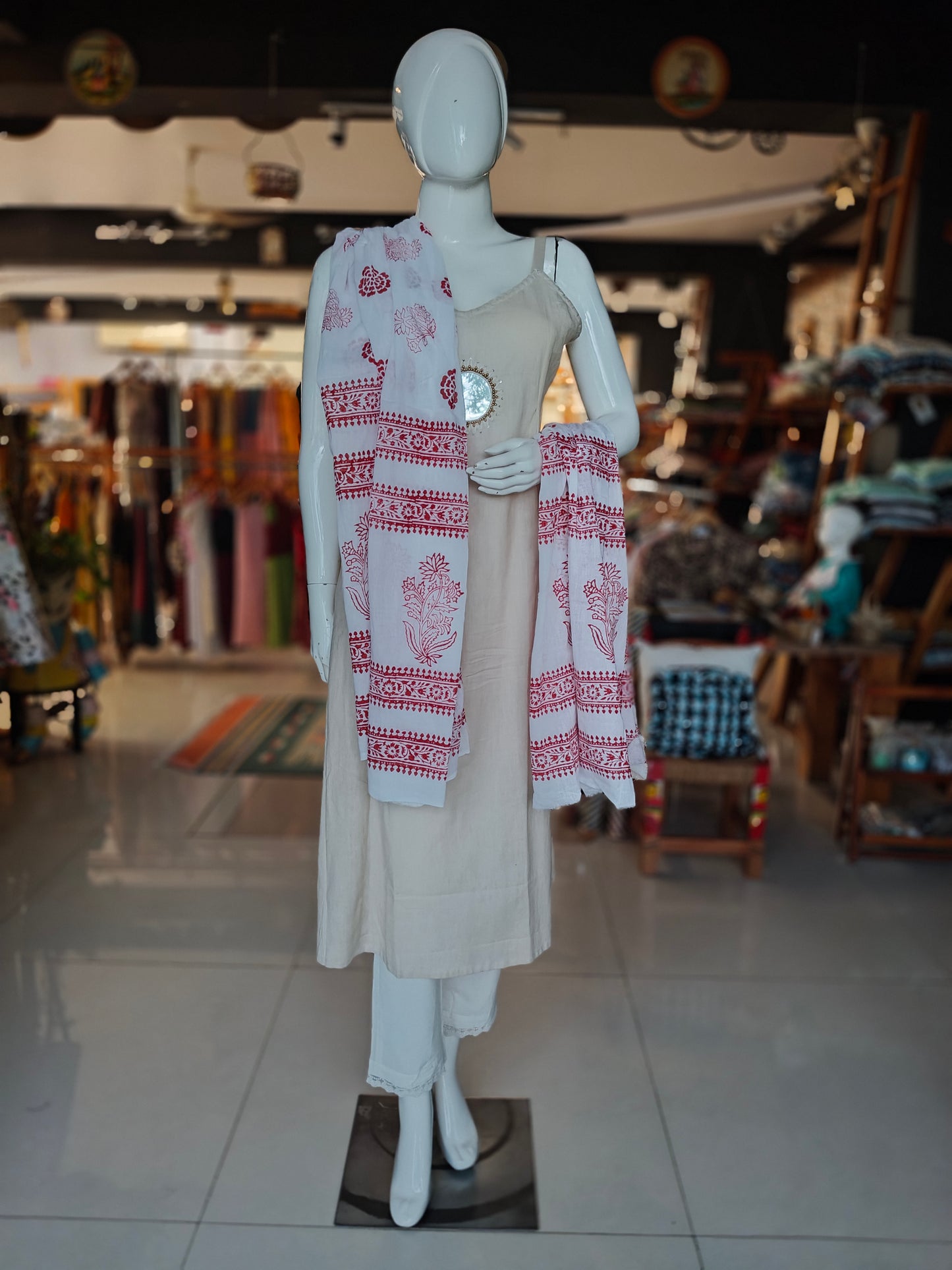 Hand block printed white cotton dupatta