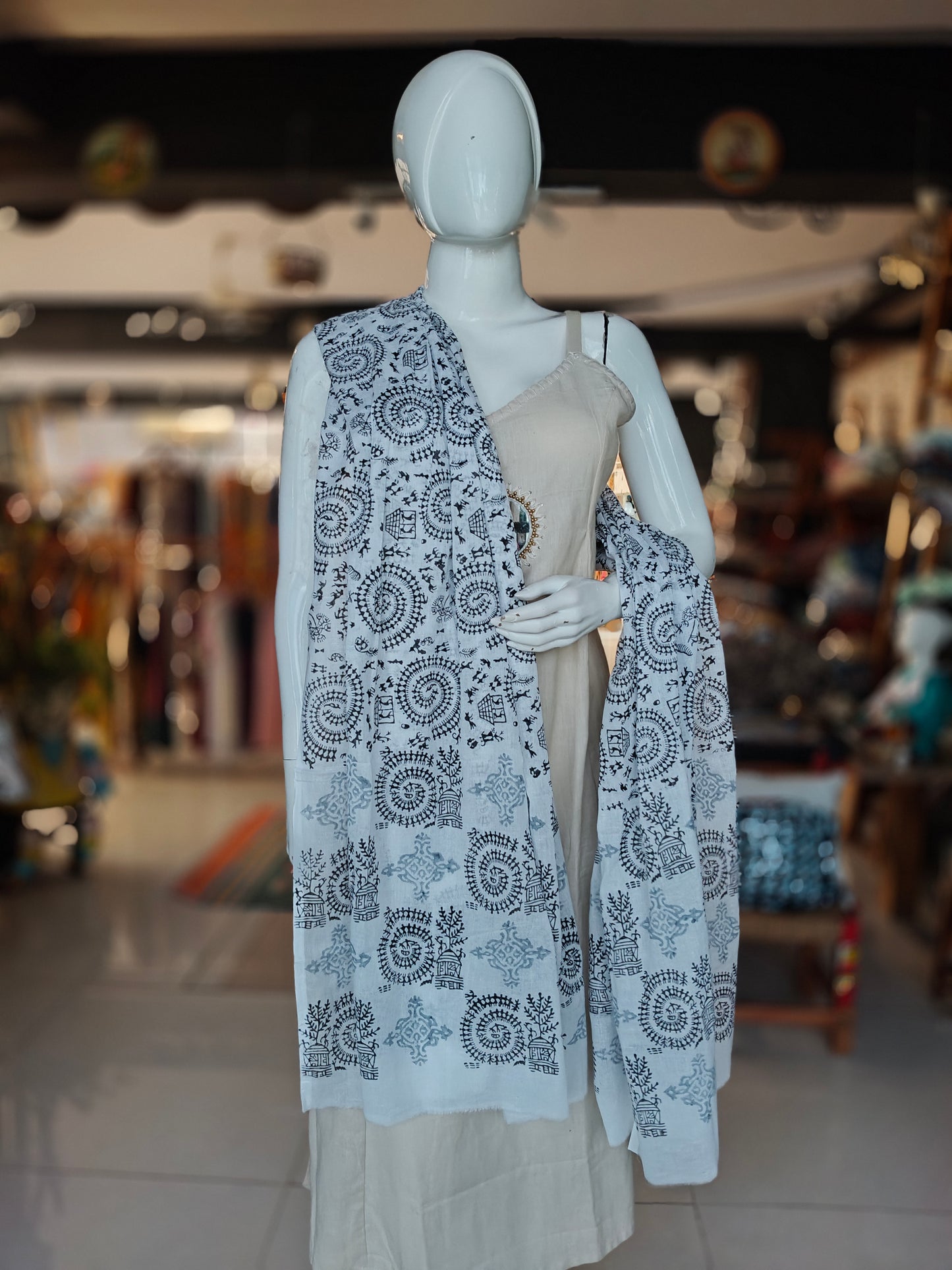 Hand block printed white cotton dupatta