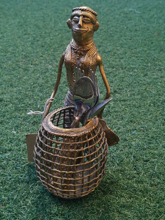 A woman with a basket organizer / spoon stand / pen stand - Dokra Brass handcrafted decor