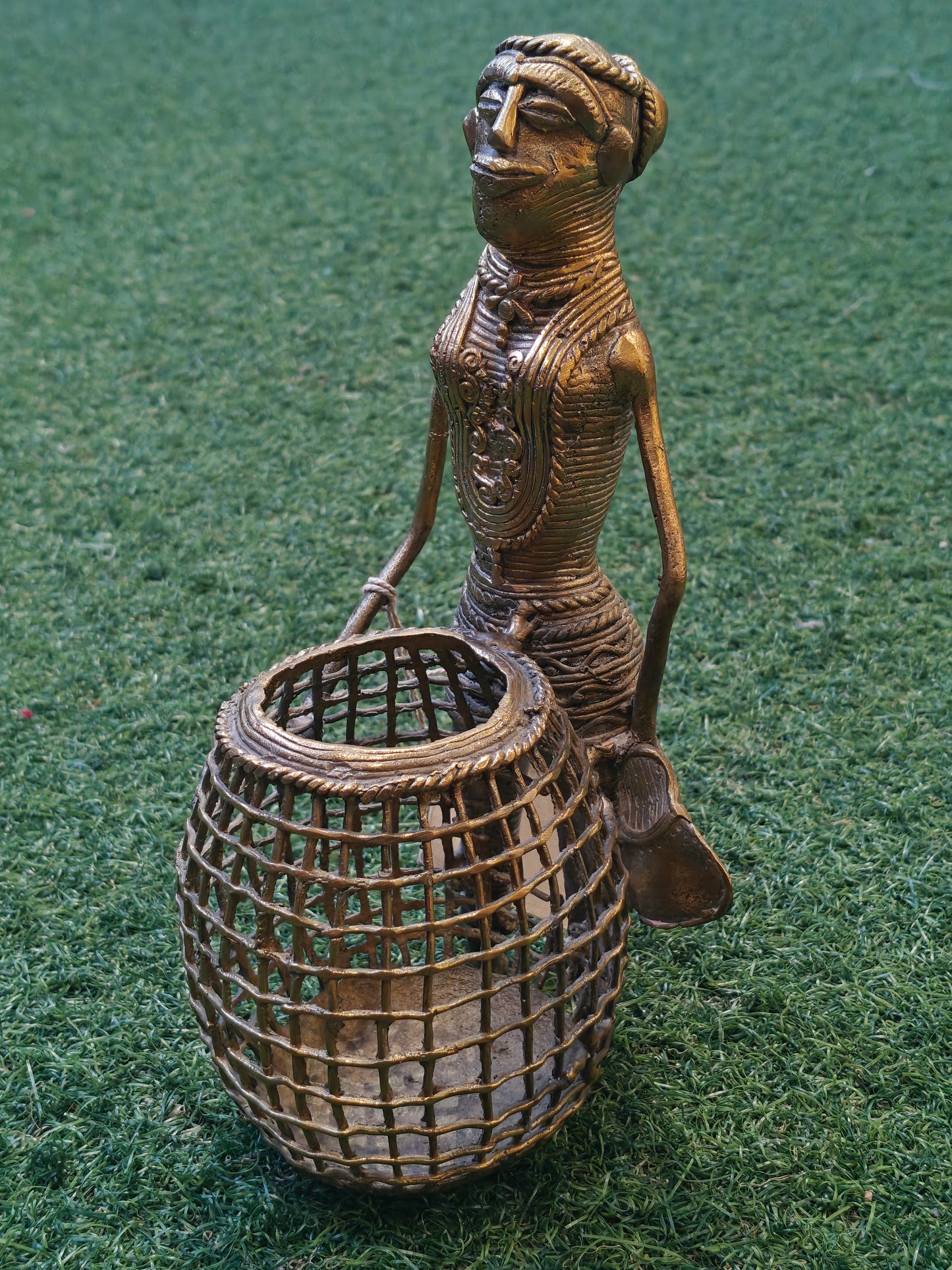 A woman with a basket organizer / spoon stand / pen stand - Dokra Brass handcrafted decor