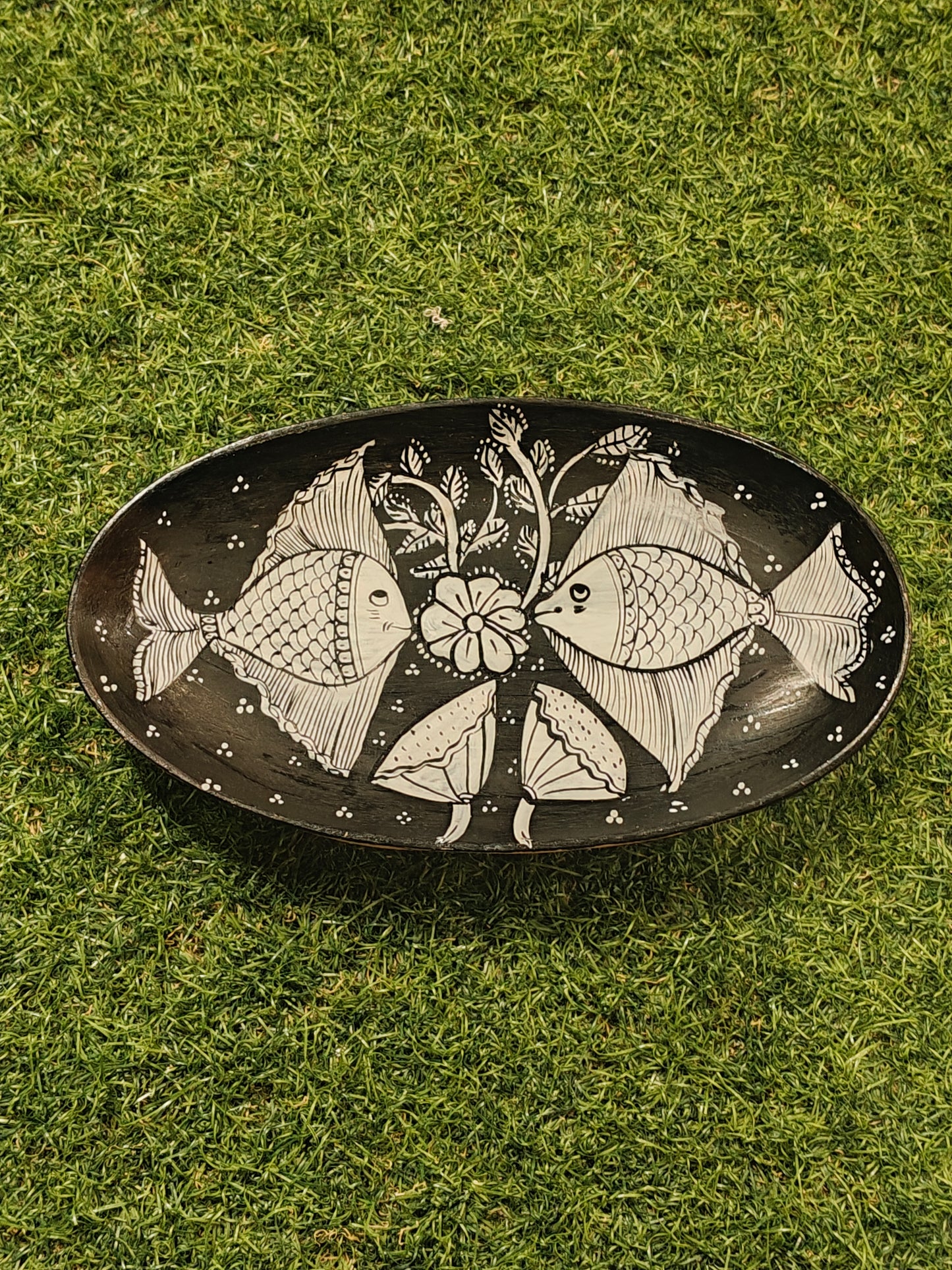 Black n white Fishes Hand painted wooden tray decor
