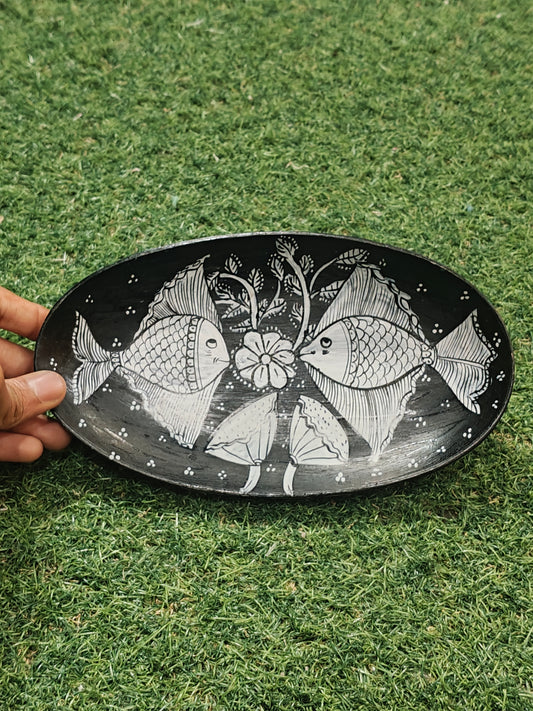 Black n white Fishes Hand painted wooden tray decor