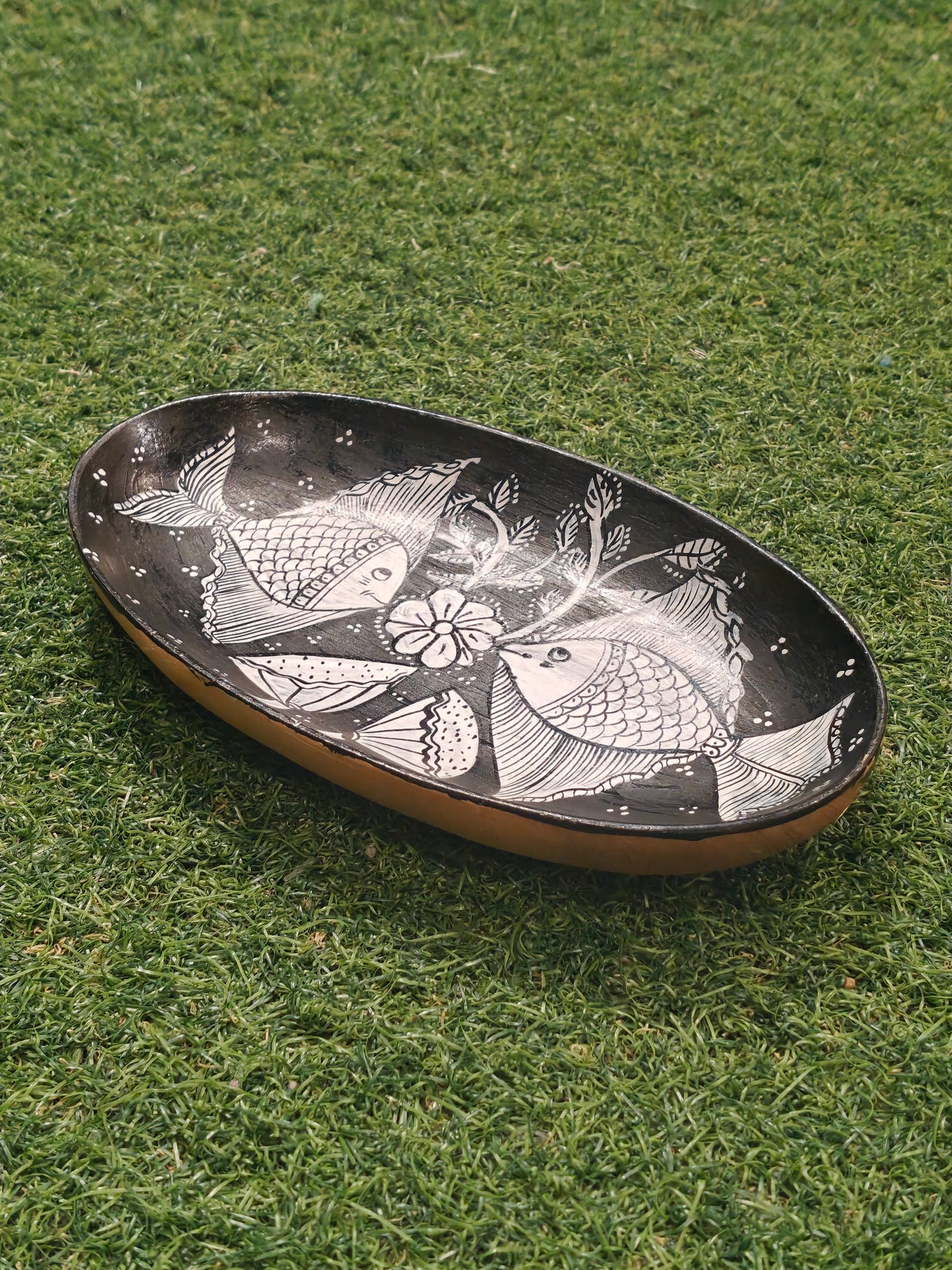 Black n white Fishes Hand painted wooden tray decor